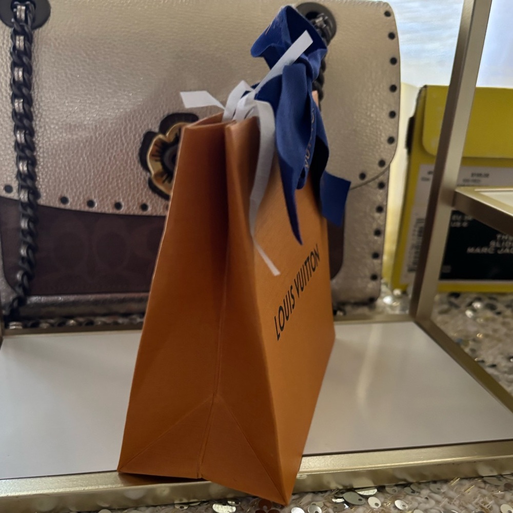 Louis Vuitton EMPTY Small Orange Gift Bag with Blue Ribbon - Picture 2 of 6
